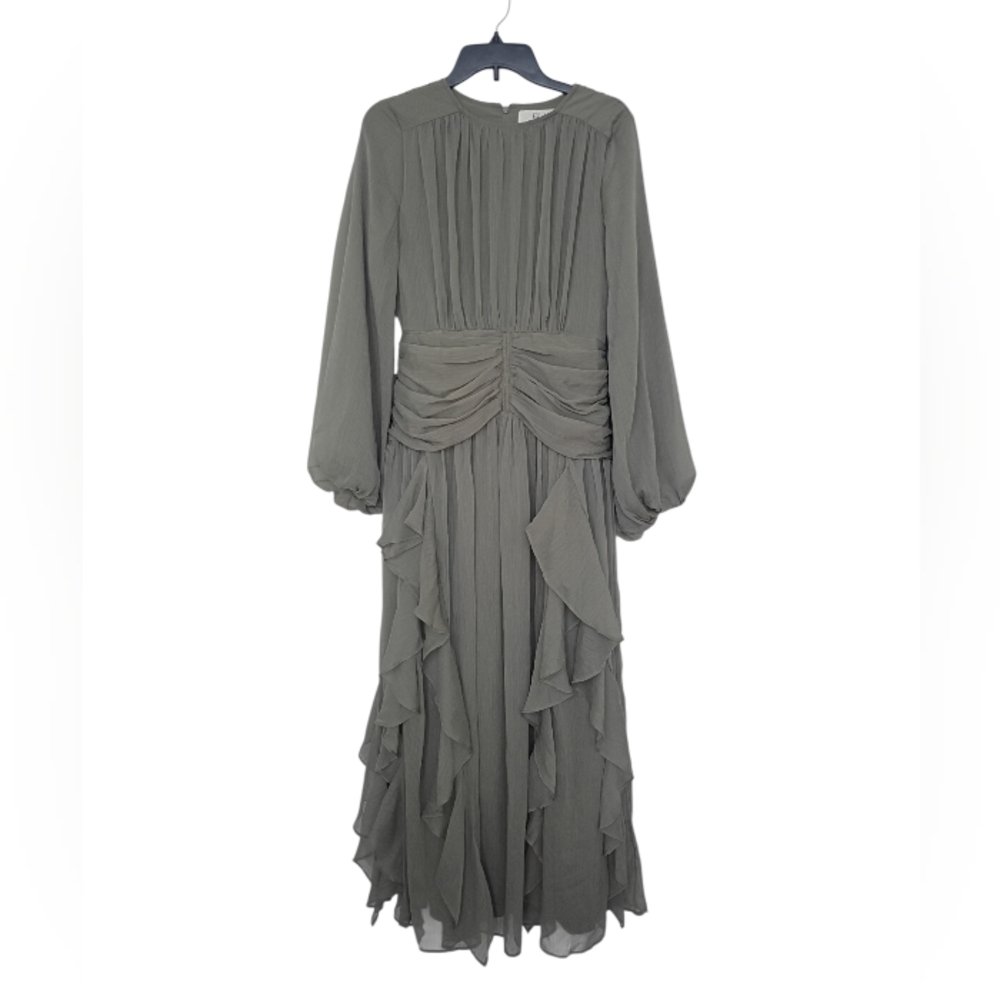 Olive Green Ruffle-Trim Maxi Dress with Long Sleeves